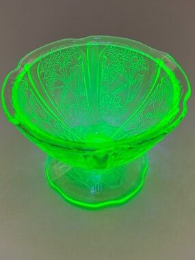 MCM Jeannette Glass Uranium Green Cherry Blossom Sherbet Ruffled Foot-Pair